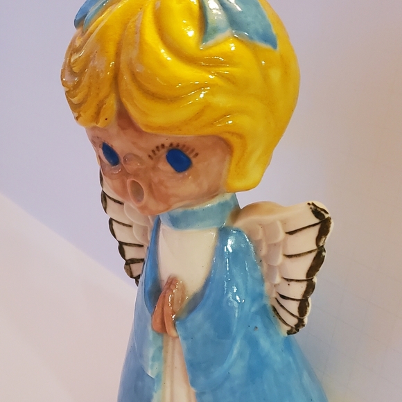 VTG Christmas Angel Choir Hand Painted Ceramic Figurine MCM 60s 70s Blue Blonde - Picture 5 of 11